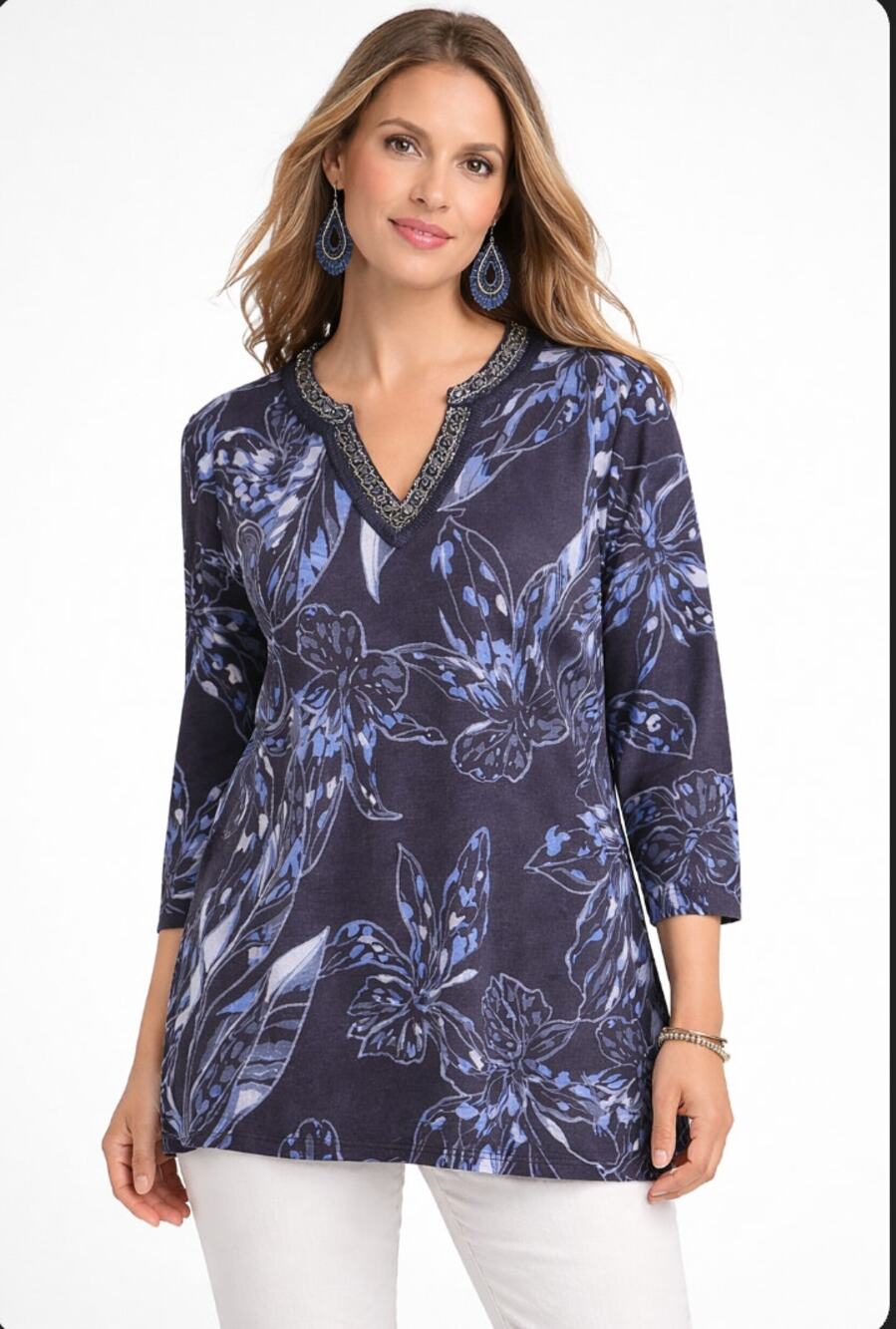 Chico’s Linen Floral Embellished Tunic Top Blue Plus Size XL 16 Lightweight